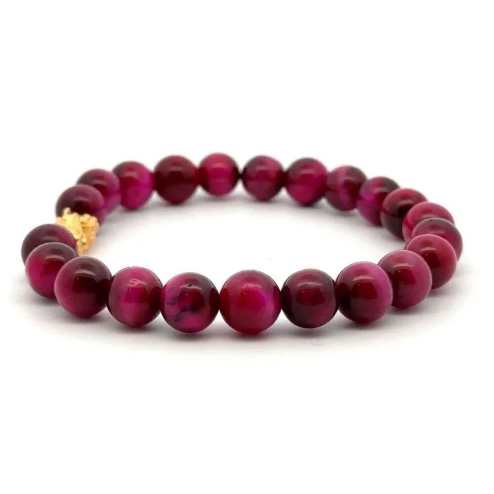 Dyed Tiger's Eye Magenta Stretchable Bracelet Size 7.5 w/ 24K Gold Dragon - Picture 4 of 8